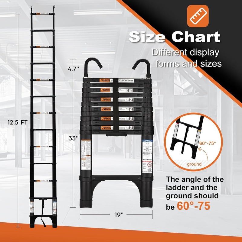 Soctone Telescoping Ladder, SocTone 12.5 FT Aluminum Lightweight Extension Ladder with 2 Triangle Stabilizers, Heavy Duty 330lbs Max Capacity, Collapsible Ladder with Hooks for RV or Outdoor Work - Image 2
