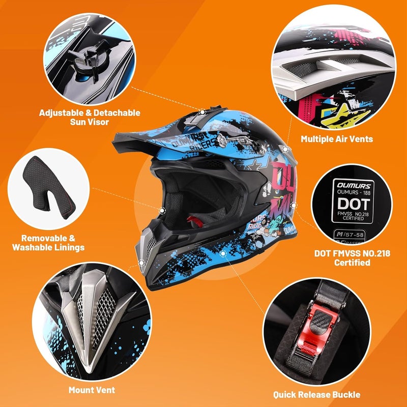 OUMURS DOT Adult Dirt Bike Helmet with Goggles, Gloves & Mask - Adjustable Sun Visor for Off-Road Motocross - Image 2