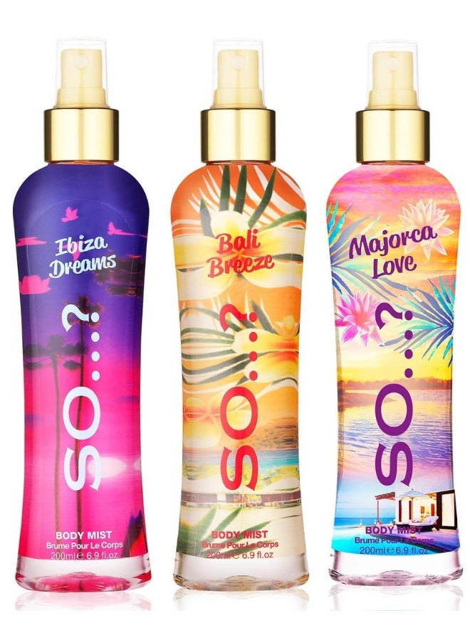 So..? So...? Summer Escapes Women's Body Mist Bundle | 200ml | Pack of 3 | Includes Ibiza Dreams, Bali Breeze & Majorca Love | Fruity, Floral & Tropical Scents | Long-Lasting & Refreshing Fragrance Sprays - Image 1