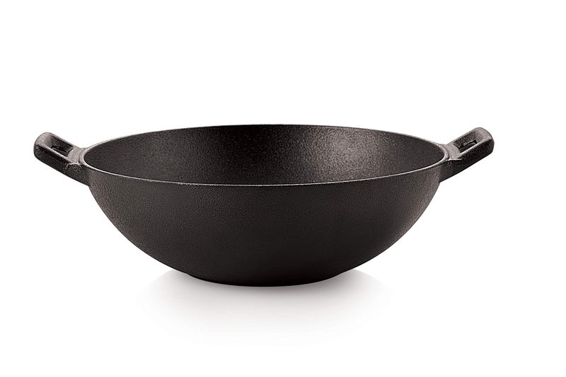 Petals Pre-Seasoned Cast Iron Kadai Wok Pan, 24cm (Induction Compatible) - Image 1