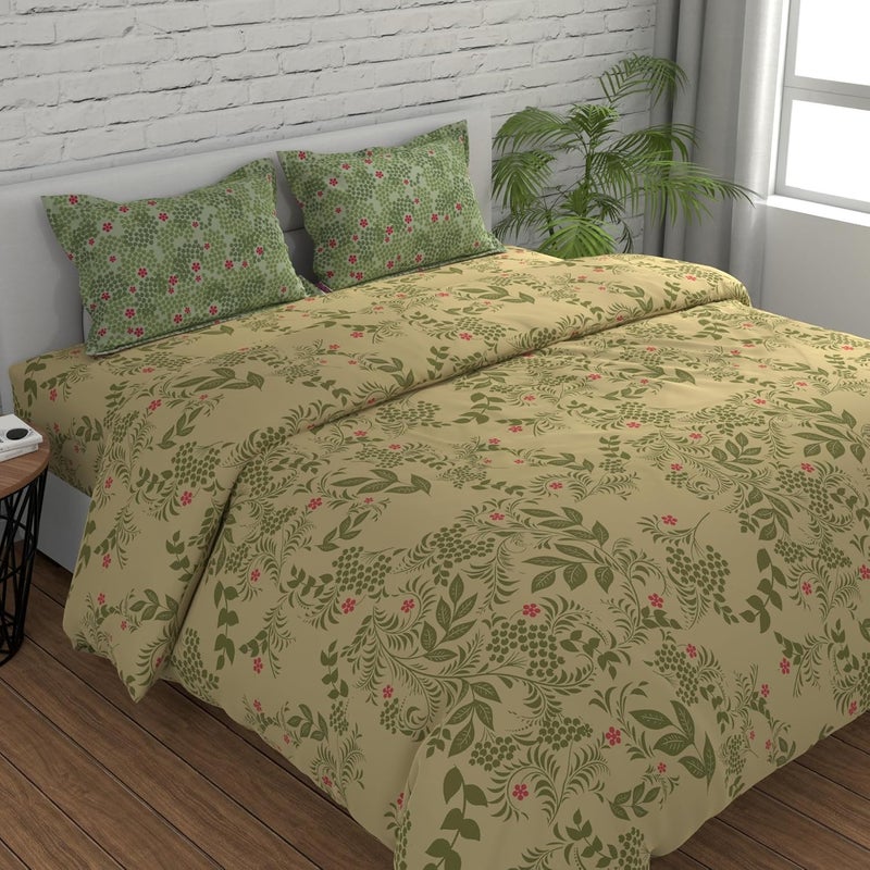 Huesland by Ahmedabad Cotton 144 TC Bedsheet for Double Bed King Size with 2 Pillow Covers Botanical Bliss 108 x 108 inches Vanilla Green