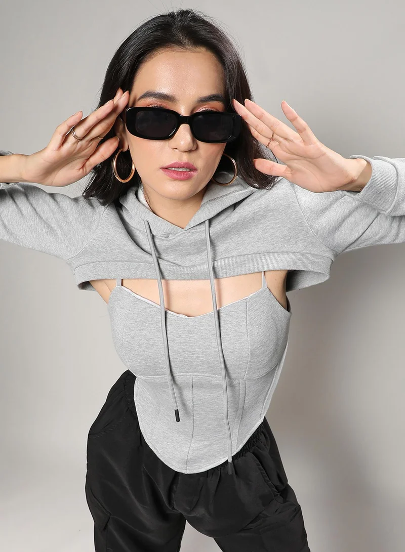 PINACOLADA Women's Light Grey Corset Top With Ultra Cropped Hoodie