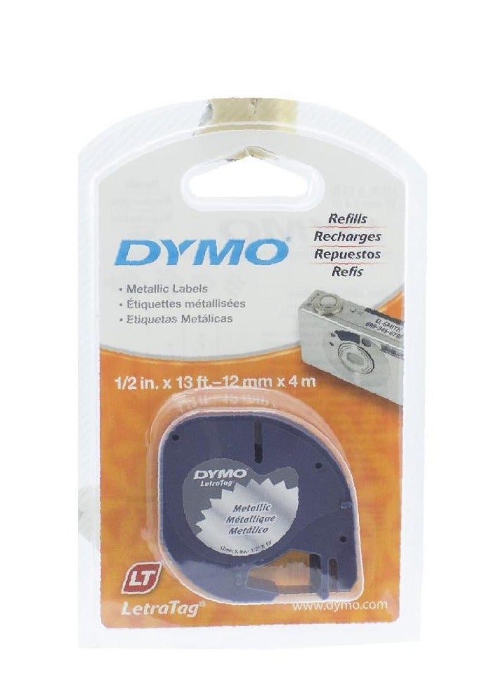 Dymo LetraTag Label Printer Tape 12 mm X 4 m Black Print on Metallic Silver