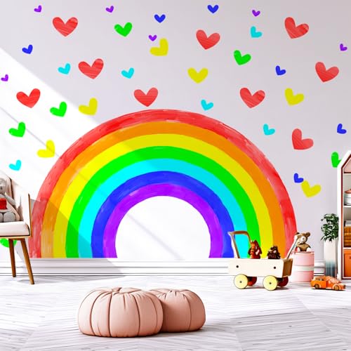 Kingarch Large Watercolor Rainbow Wall Decals, Hearts Peel and Stick Fabric Nursery Wall Decor, Removable Home Room Wall Decor Murals Stickers for Kids Girls Toddler Bedroom Living Room Playroom - Image 1