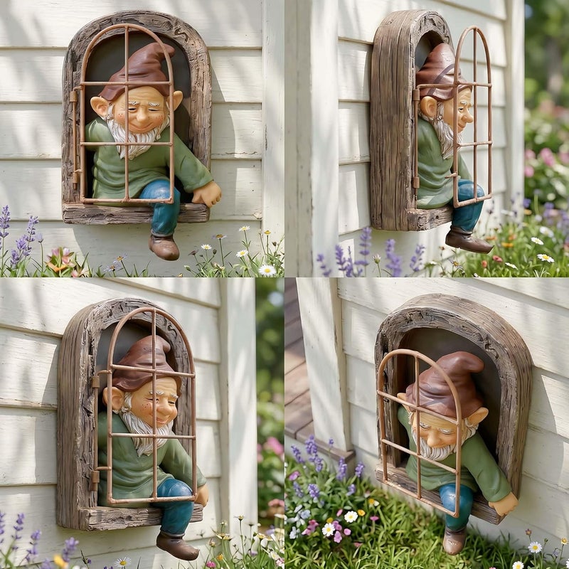 Euiroet 12" Real Gnome Tree Face Hugger Statue,Garden Decoration Climbing Decor Outdoor,Whimsical Fairy Door Tree Face Figurine Lawn Patio Decor,Funny Elves Peeker Sculpture Hanging Yard Art - Image 3