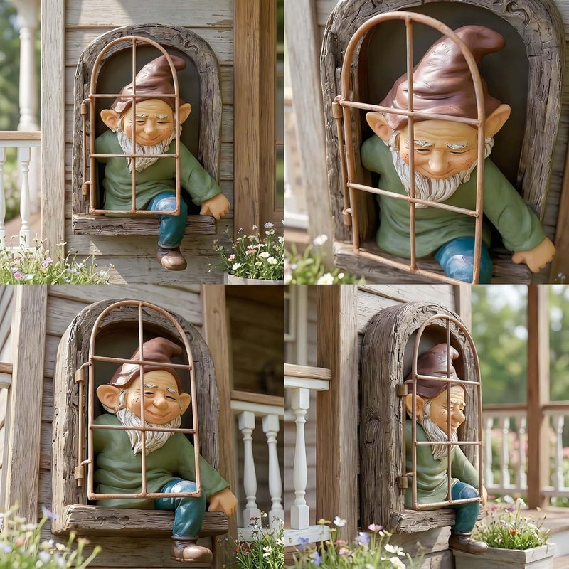 Euiroet 12" Real Gnome Tree Face Hugger Statue,Garden Decoration Climbing Decor Outdoor,Whimsical Fairy Door Tree Face Figurine Lawn Patio Decor,Funny Elves Peeker Sculpture Hanging Yard Art - Image 1