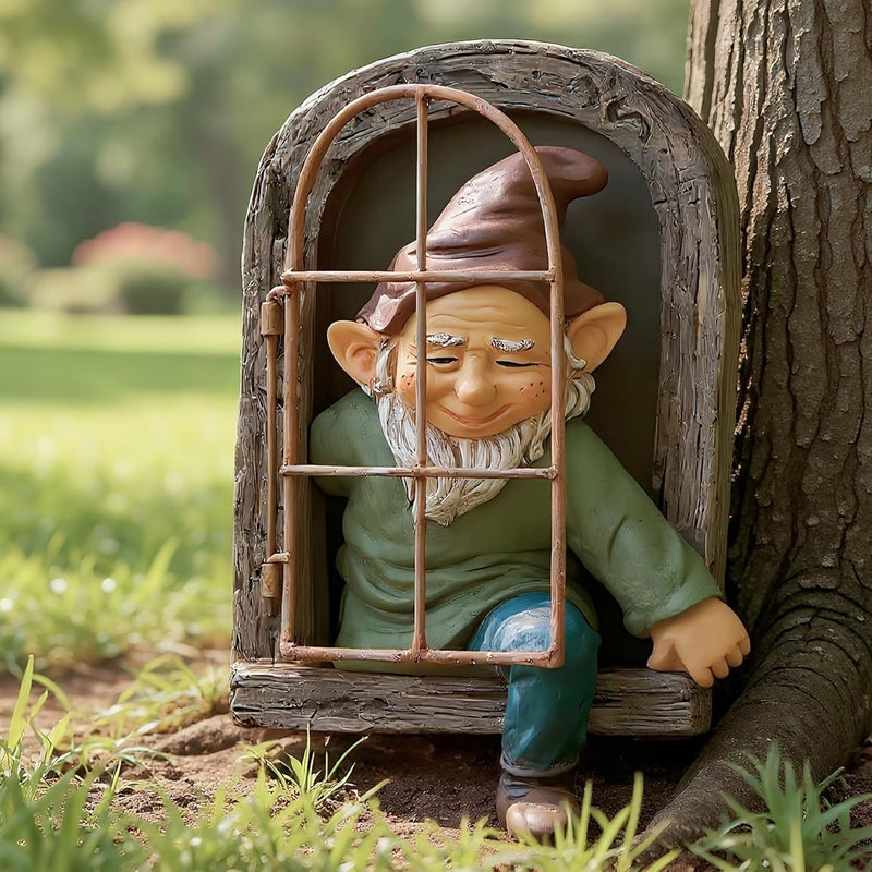Euiroet 12" Real Gnome Tree Face Hugger Statue,Garden Decoration Climbing Decor Outdoor,Whimsical Fairy Door Tree Face Figurine Lawn Patio Decor,Funny Elves Peeker Sculpture Hanging Yard Art - Image 2