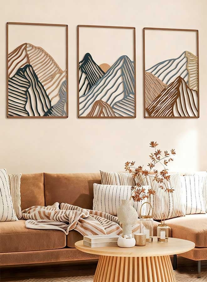 RAWAID 3 Pcs Metal Wall Art Decor Landscape Mountain Wall Hanging Decor for Living Room Abstract Minimalist Modern Mountain Line Pictures Summer Bathroom Office Home Gifts Indoor - Image 1