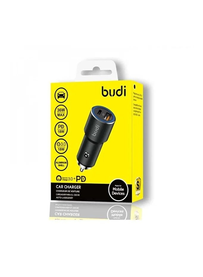 بودي شاحن سيارة بودي (Budi) بقوة 38 واط - منفذين للشحن السريع PD 20W و QC 3.0 - هيكل ألمنيوم وتصميم صغير جداً - لون أسود - Image 1