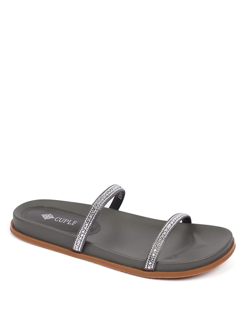 Cuple Slip-on Double strap Embellished slide  Flat Sandals