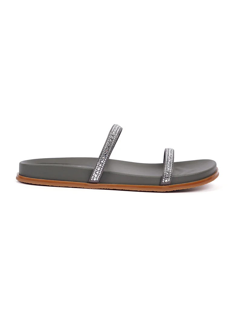 Cuple Slip-on Double strap Embellished slide  Flat Sandals