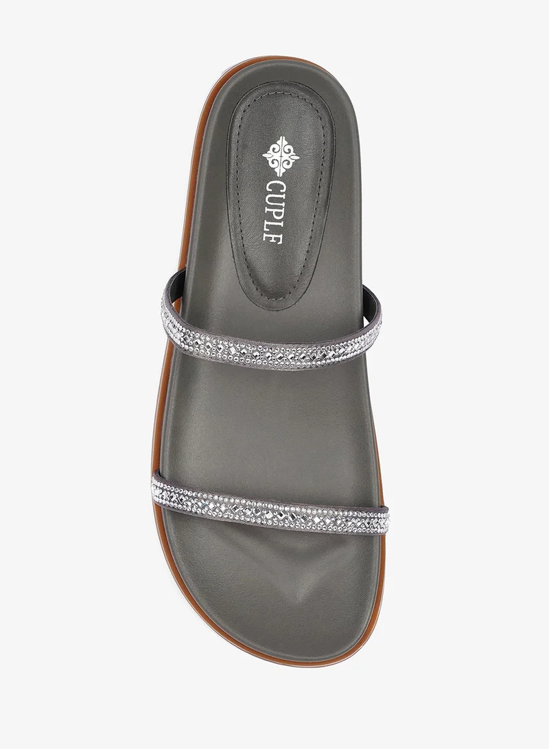 Cuple  Slip-on Double strap Embellished slide  Flat Sandals for Women | Best Price UAE