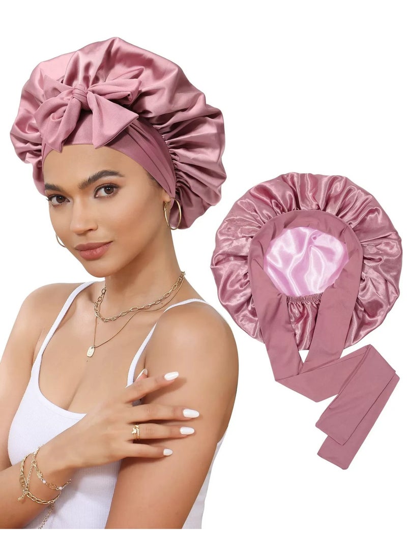 2 Layer Hair Bonnet Wide Band - Silk Like Sleeping Bonnets for Curly Hair Night Cap with Tie Band for Women and Girls - Image 1