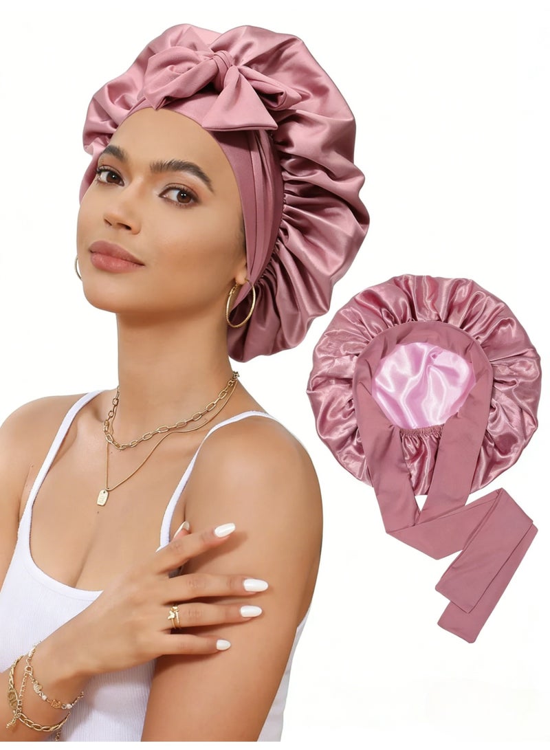 2 Layer Hair Bonnet Wide Band - Silk Like Sleeping Bonnets for Curly Hair Night Cap with Tie Band for Women and Girls - Image 2