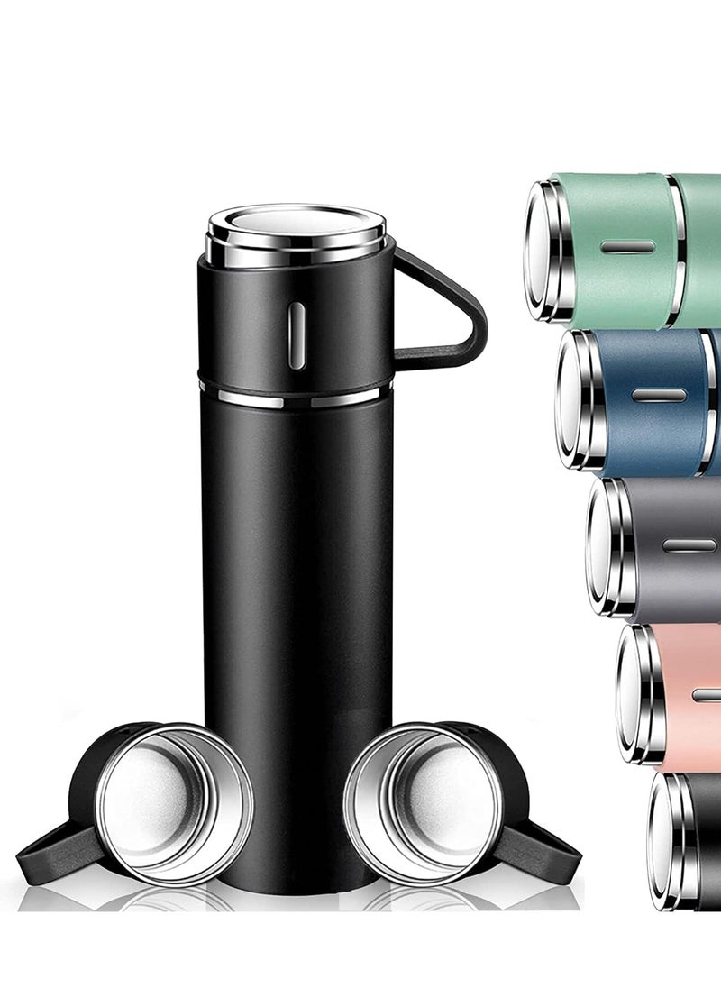 ELTRAZONE 500ml Stainless Steel Vacuum Thermos Flask with Silicone Handle & Insulated Water Bottle – 2 Stainless Steel Cups Set for Hot & Cold Beverages, Outdoor Travel Gift Box (2 PACK, BLACK)  - Image 1
