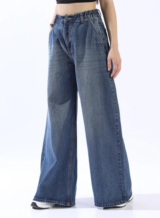 HIGH STAR Women's Blue 100% Cotton Distressed Pattern Full Length Denim Wide Leg Jeans