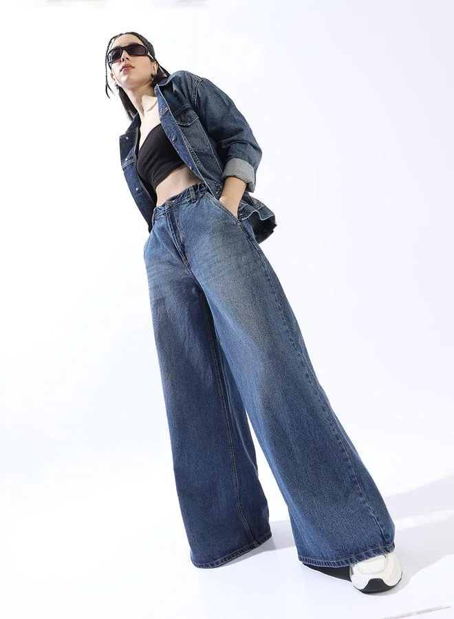 HIGH STAR Women's Blue 100% Cotton Distressed Pattern Full Length Denim Wide Leg Jeans