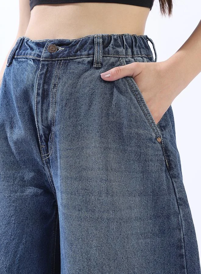 HIGH STAR Women's Blue 100% Cotton Distressed Pattern Full Length Denim Wide Leg Jeans