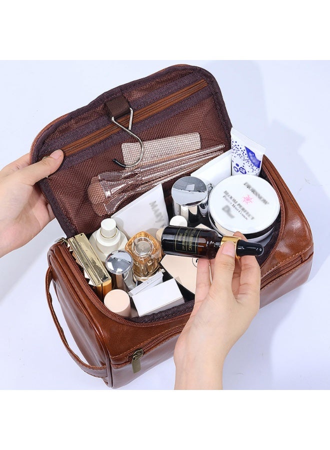 Men's PU Leather Toiletry Bag, Waterproof Travel Organiser with Hanging Hook, Black, 25x14x13 cm - Image 3