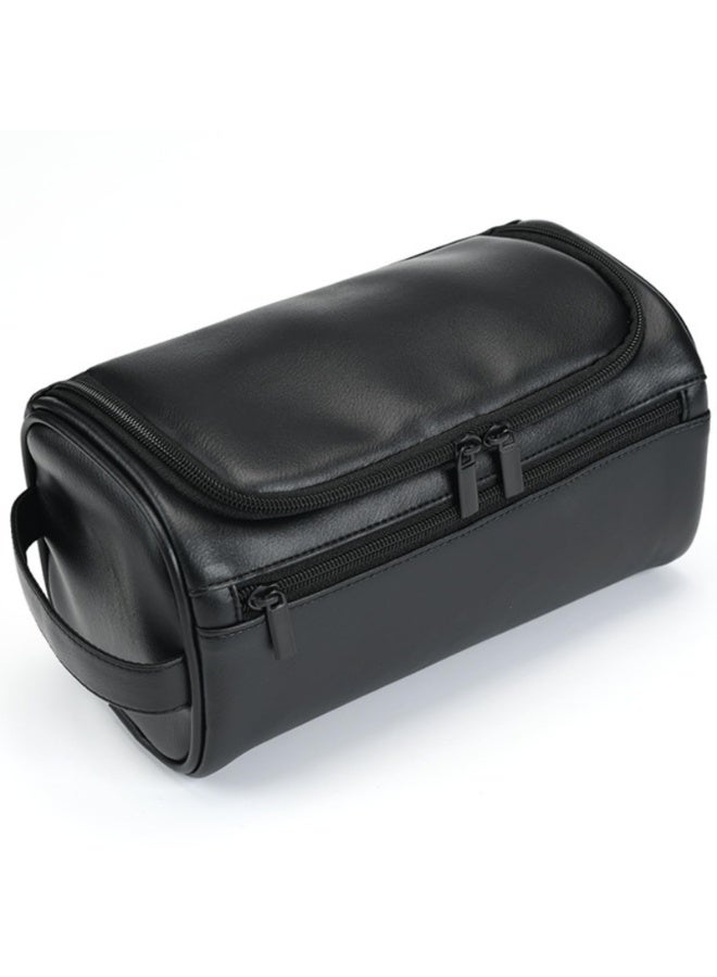 Men's PU Leather Toiletry Bag, Waterproof Travel Organiser with Hanging Hook, Black, 25x14x13 cm - Image 1
