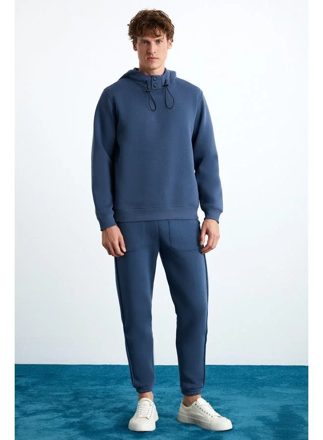GRIMELANGE JORNA Men's 3-Thread Inside Sherpa Soft Ribbed Collar Regular Hooded Indigo Sweatshirt