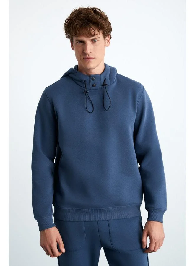 GRIMELANGE JORNA Men's 3-Thread Inside Sherpa Soft Ribbed Collar Regular Hooded Indigo Sweatshirt
