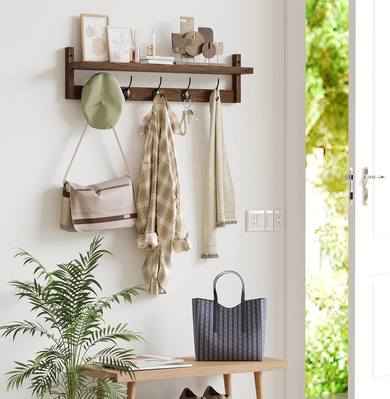 AMBIRD Wall Hooks with Shelf 28.9 Inch Length Entryway Wall Hanging Shelf Wood Coat Hooks for Wall with Shelf Wall-Mounted Coat Hook Rack with 5 Dual Hooks for Bathroom, Living Room, Bedroom (Brown) - Image 3