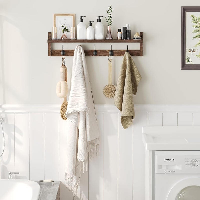 AMBIRD Wall Hooks with Shelf 28.9 Inch Length Entryway Wall Hanging Shelf Wood Coat Hooks for Wall with Shelf Wall-Mounted Coat Hook Rack with 5 Dual Hooks for Bathroom, Living Room, Bedroom (Brown) - Image 4
