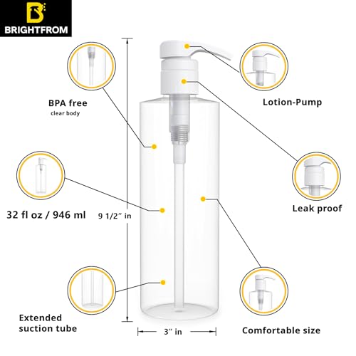 BRIGHTFROM Empty Shampoo Pump Bottles, 32 OZ / 1 Liter, BPA-Free Cylinder Containers, Household & Commercial Use, 2 Pack - Leak Proof - Image 2