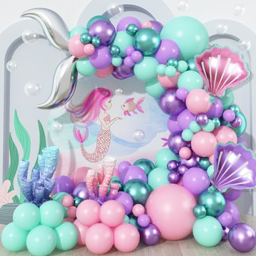 Govpy Mermaid Balloon Garland Arch Kit 106 Packs Metallic Purple Pink Green Blue Latex Balloons with Mermaid Tail Seashell Foil Balloons for Girls Birthday Baby Shower Party Decorations - Image 1