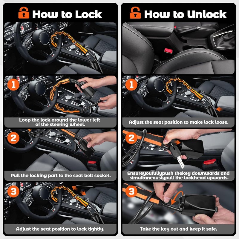 Dayacoco Universal High Visibility Steering Wheel Lock with Reflective Stripe - Anti-Theft Device for Cars, SUVs, Motorhomes, and Caravans (Orange) - Image 4