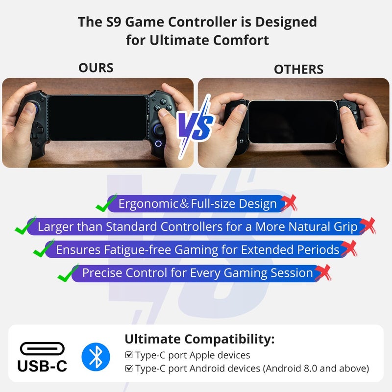 abxylute S9 Full-Size Gaming Phone Controller for iPhone 15/16/17, iPad Mini 6/7 Android Tablet Bluetooth TypeC Mobile Gamepad Free Button Mapping Genshin Impact, Hall Effect Joystick (black) - Image 3