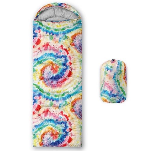QOOMO Tie Dye Rainbow Printed Camping Sleeping Bags,3 Season Warm & Cool Weather,Lightweight,Waterproof Sleeping Bags for Adults & Kids,Traveling,and Outdoors,Camping Gear Equipment,31x90inch - Image 1