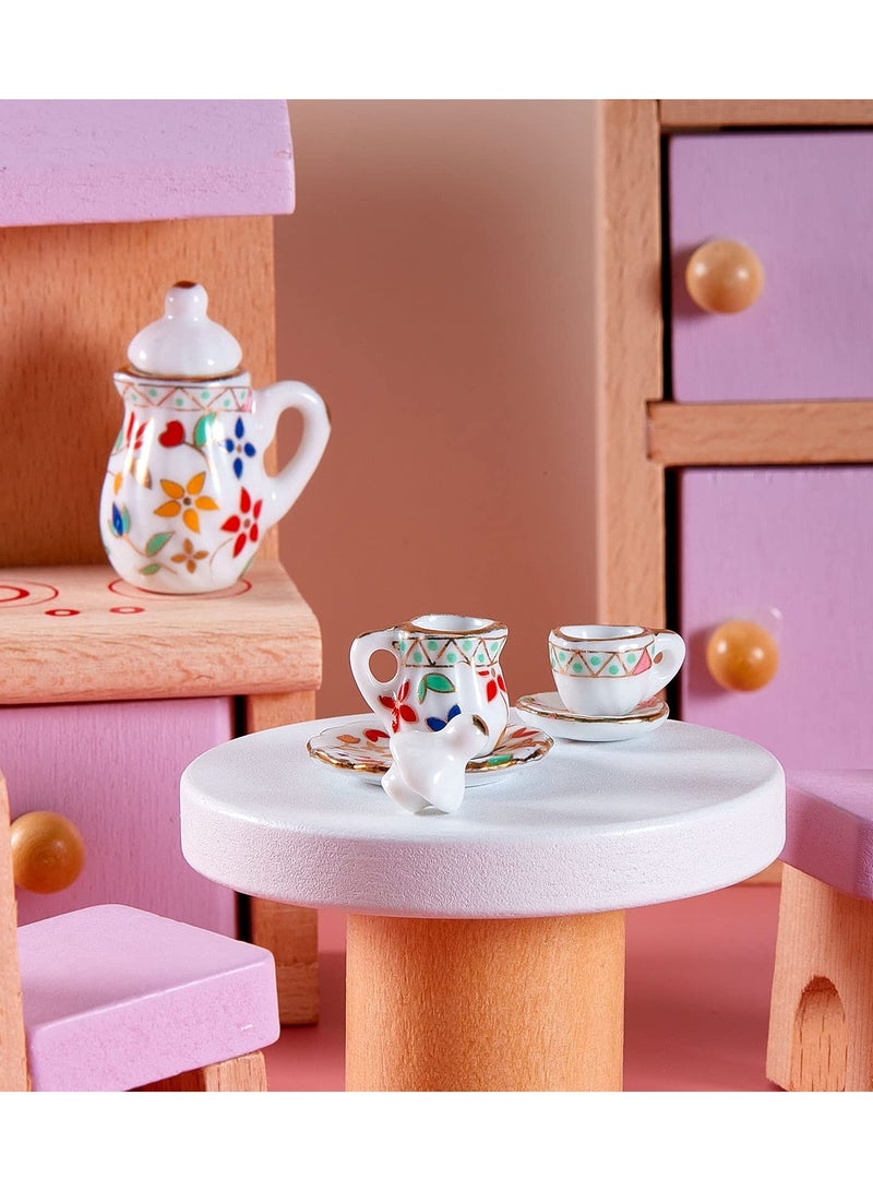 SYOSI Miniature Porcelain Tea Cup Set Dollhouse Kitchen Accessories Set Small Party Accessories Teapot for Kids Flower Pattern Teapot Cup Plates 15 Pieces - Image 3
