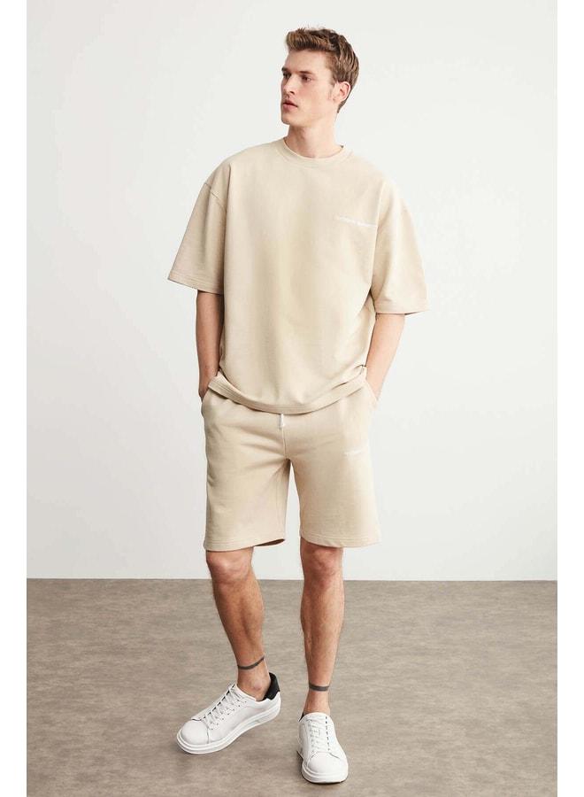 GRIMELANGE Colombía Men's 2-Piece Comfort Fit Relaxed Cut Embroidered Letter Beige Tracksuit, No Drawstring. - Image 3