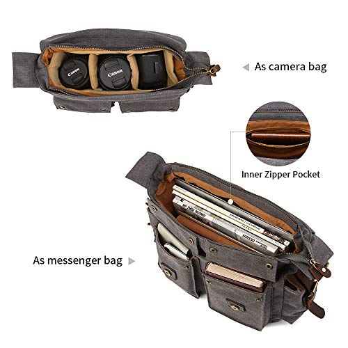 Kattee Leather Canvas Camera Bags for Men Vintage DSLR SLR Messenger Shoulder Bags Dark Gray - Image 4