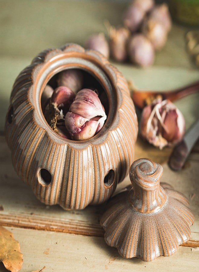 Cormomu Ceramic Garlic Keeper with Lid and Holes Garlic Saver and Storage Framhouse Decor Keep Gralic Cloves Dry and Fresh, Grey - Image 2