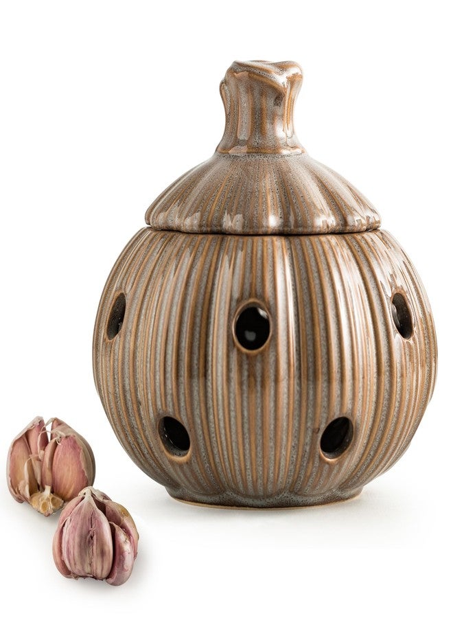 Cormomu Ceramic Garlic Keeper with Lid and Holes Garlic Saver and Storage Framhouse Decor Keep Gralic Cloves Dry and Fresh, Grey - Image 1