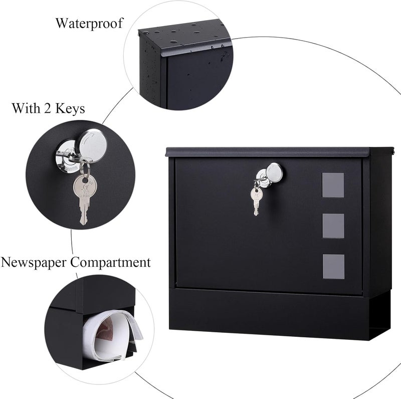 Jssmst Locking Mailbox Wall Mount for Outside– Mailboxes with Key Lock for Front Door Fence, Large Capacity Letter Box, 14.3 x 4.1 x 11.8 Inch, Black, SM-HPB911BN - Image 4
