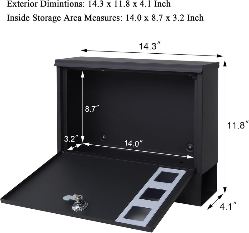 Jssmst Locking Mailbox Wall Mount for Outside– Mailboxes with Key Lock for Front Door Fence, Large Capacity Letter Box, 14.3 x 4.1 x 11.8 Inch, Black, SM-HPB911BN - Image 2