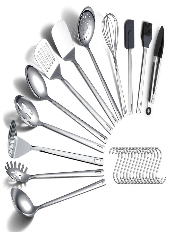 ReaNea Kitchen Cooking Utensils Set 26 Pieces, Stainless Steel Heavy Duty Sturdy Kitchen Tool Set with Hooks, Metal Spatula & Spoon Set Ergonomic Hanging Handles for All Cooking Tasks - Image 1