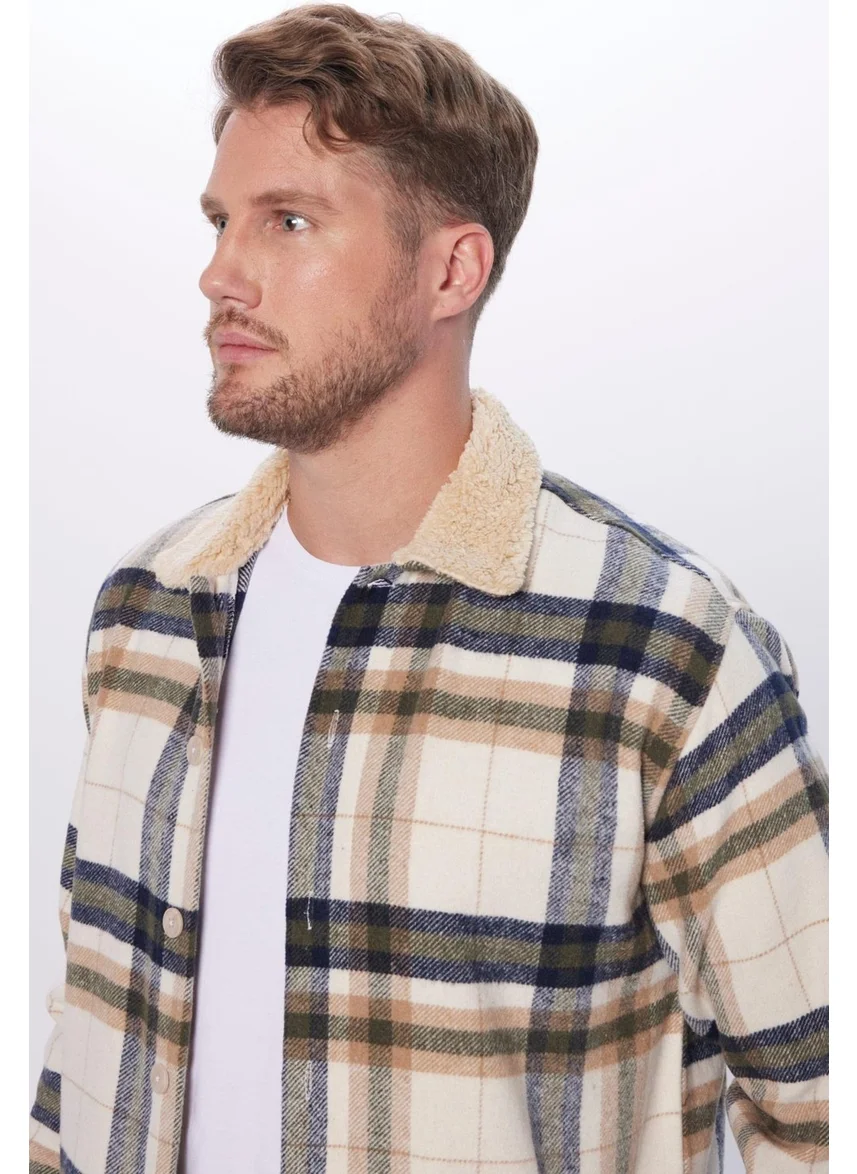 تودورس Men's Relax Fit Casual Cut Lumberjack Jacket Style Plush Collar Plaid Winter Shirt