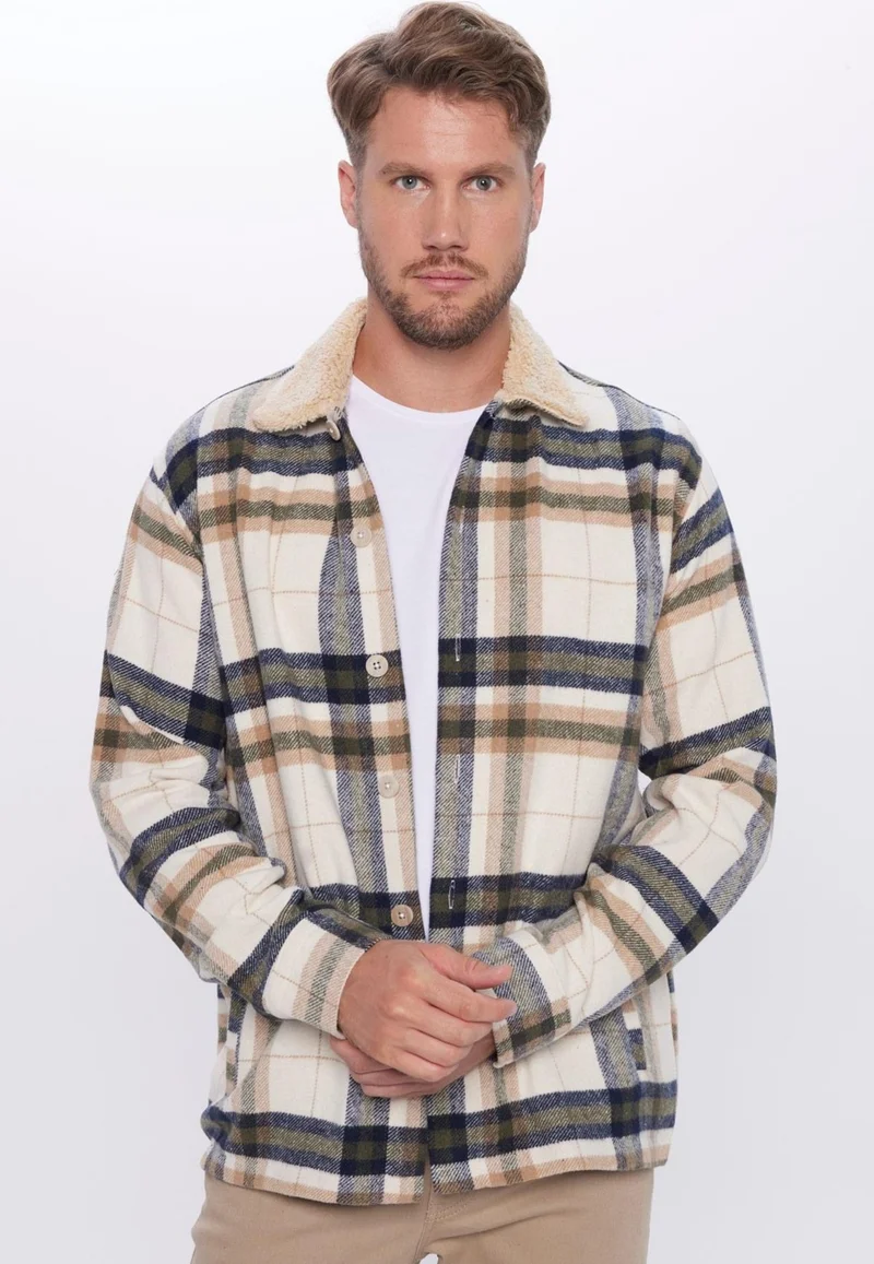 تودورس Men's Relax Fit Casual Cut Lumberjack Jacket Style Plush Collar Plaid Winter Shirt