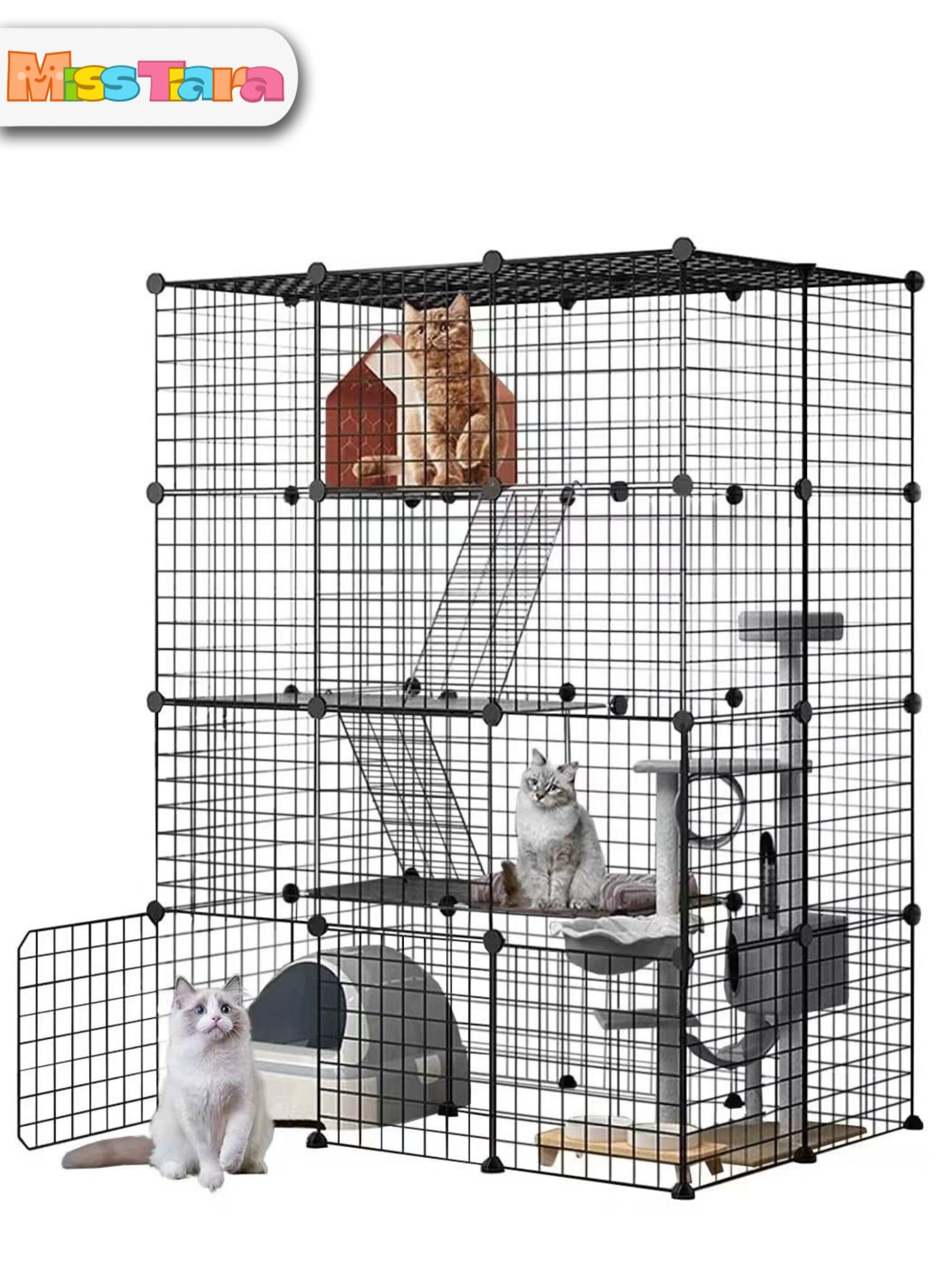 MissTiara Cat Cage, Cat house, Cat Cages Indoor Large, DIY Cat Enclosure Outdoor, Pet Cage for Rabbits, Small Animals ,Cat tree can be placed (black 147x111x75 cm) 