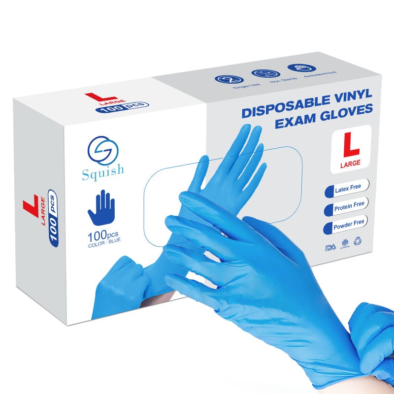 squish Disposable Gloves Blue 4 mil Vinyl Synmax Blend Exam Gloves Non Sterile Powder Free Latex Free Cleaning Supplies Kitchen and Food SafePack of 100 Blue Large