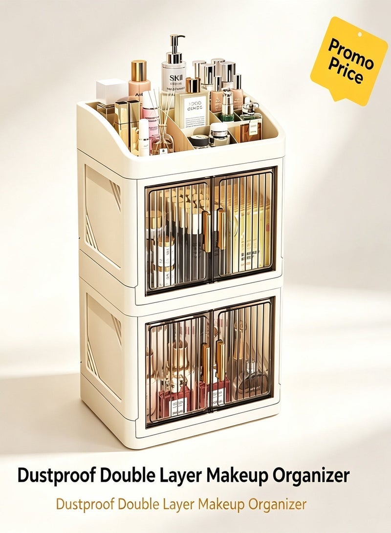 CUBEXELL Double Layer Collapsible Dustproof Makeup Storage Organizer, Spacious Desktop Beauty Cabinet, Portable Waterproof Cosmetic Holder for Skincare & Makeup Accessories - Image 1