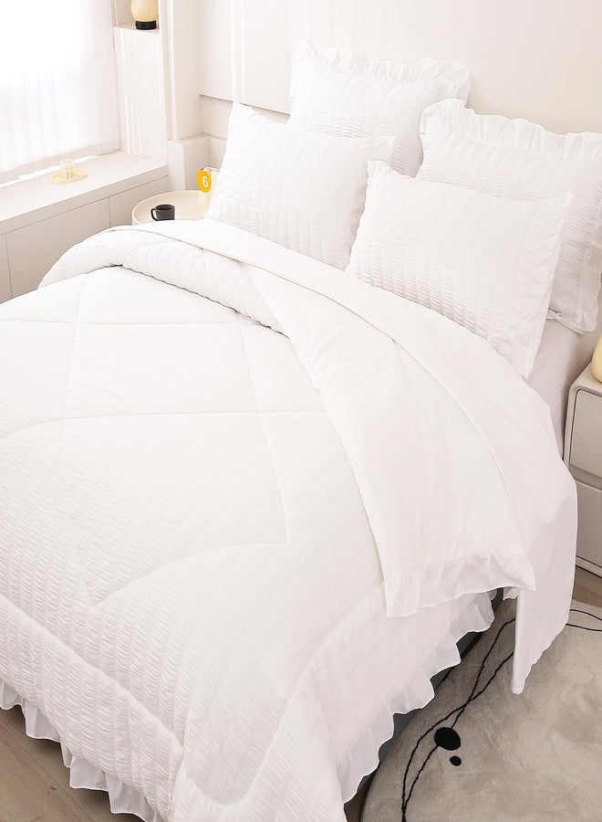 Mengersi Seersucker Comforter Set Queen Size,Boho Chic Ruffled Comforter Set,Washed Microfiber Lightweight Bedding Set for All Seasons,White - Image 3