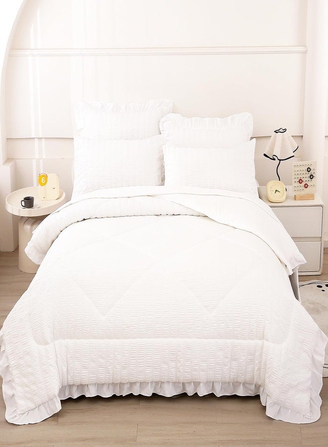 Mengersi Seersucker Comforter Set Queen Size,Boho Chic Ruffled Comforter Set,Washed Microfiber Lightweight Bedding Set for All Seasons,White - Image 2