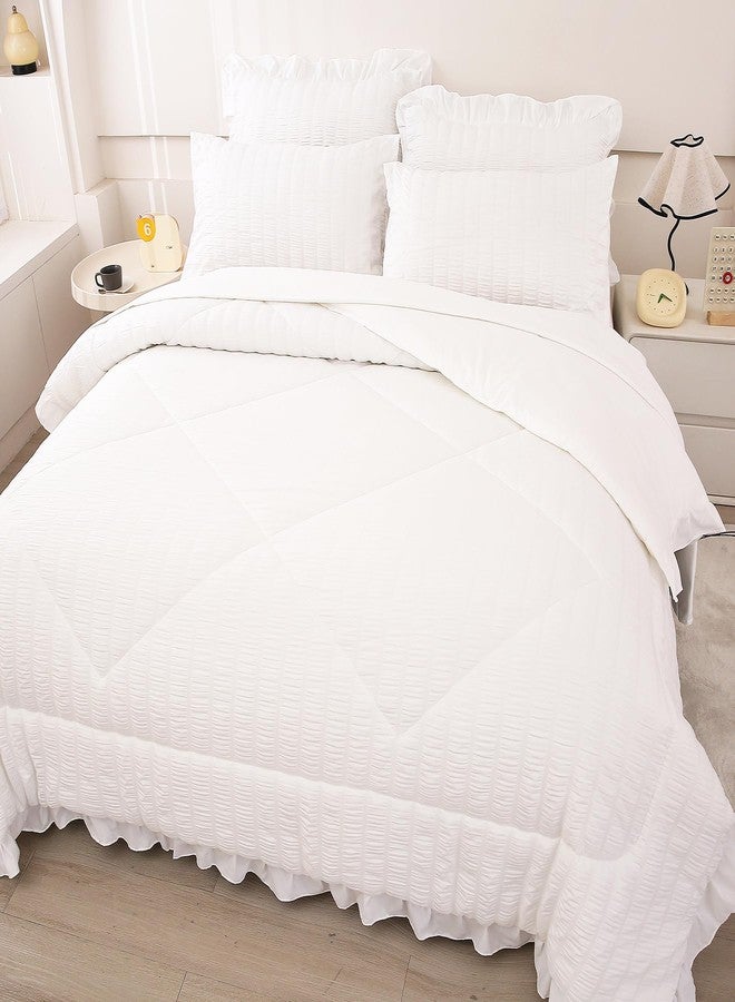 Mengersi Seersucker Comforter Set Queen Size,Boho Chic Ruffled Comforter Set,Washed Microfiber Lightweight Bedding Set for All Seasons,White - Image 4