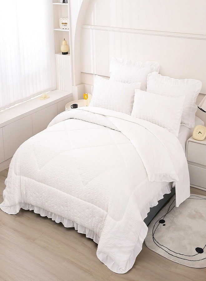 Mengersi Seersucker Comforter Set Queen Size,Boho Chic Ruffled Comforter Set,Washed Microfiber Lightweight Bedding Set for All Seasons,White - Image 1